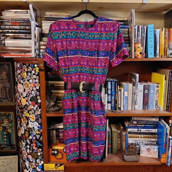 Positive Attitude Dresses & Skirts - Vintage 80s Positive Attitude Paisley Striped Belted Dress Pink Burgundy 11/12